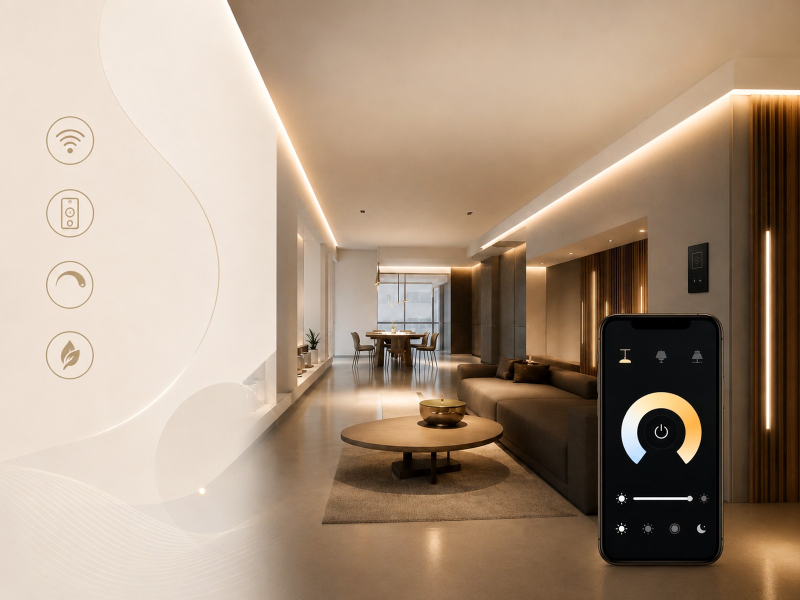 Modern interior with integrated smart lighting and mobile app control